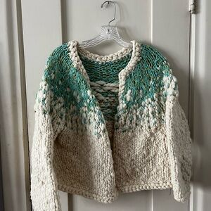 Chunky Hand Knit Sweater in Cream and Teal